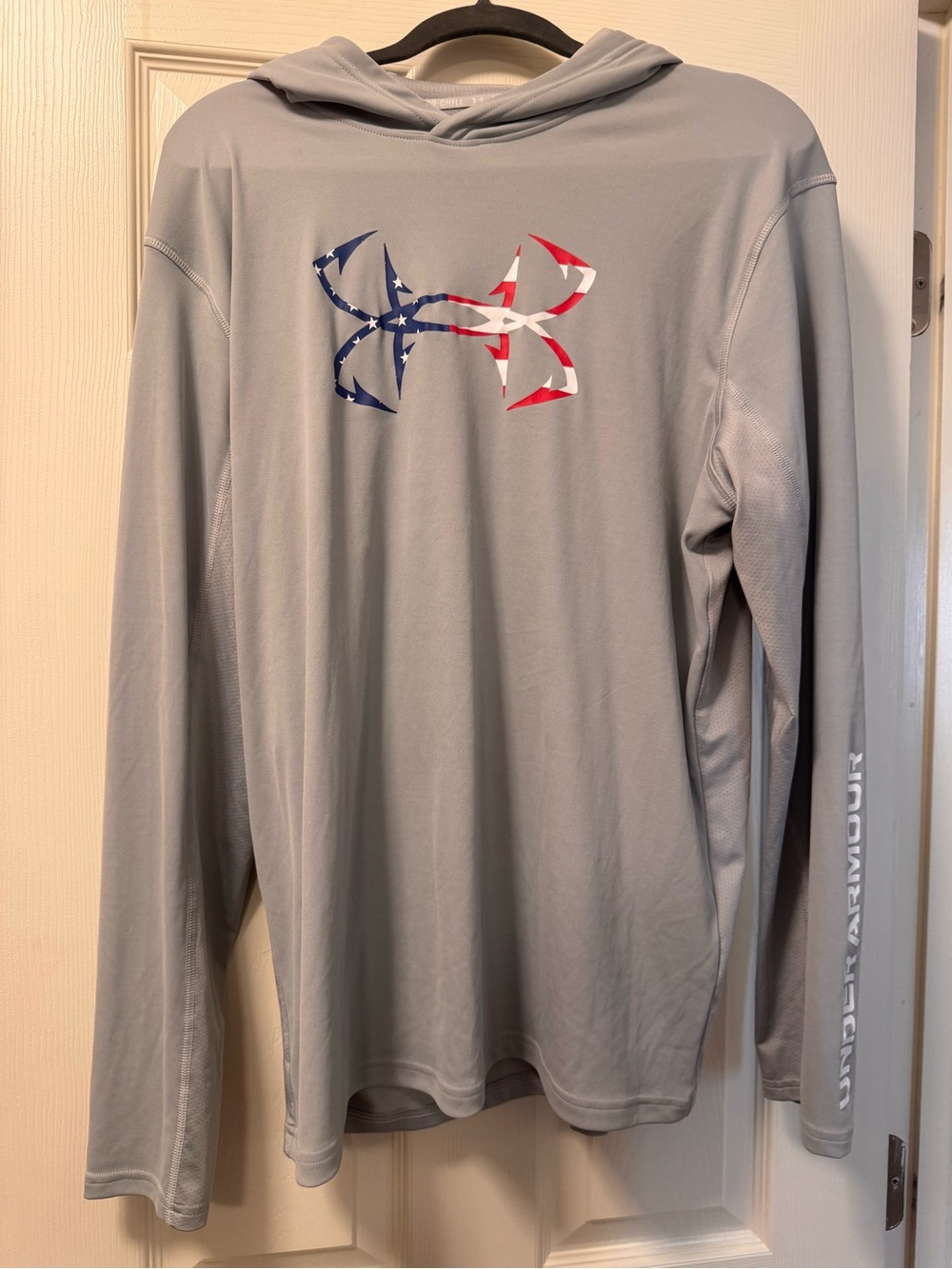 Under Armour Light Gray Hooded Performance Shirt with Red, White & Blue Logo